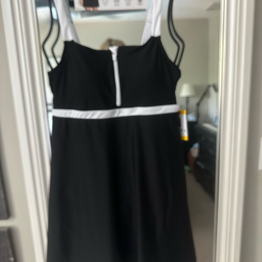 Lands' End Black Swim Dress with White Stripe ~ women’s size M Medium
